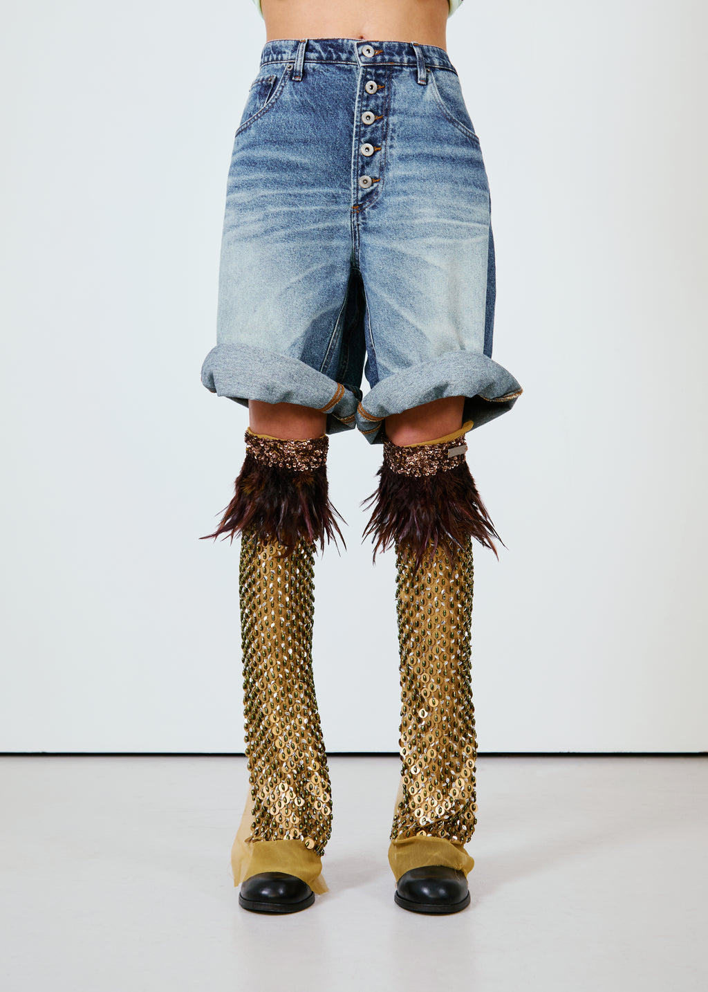 Hand Embroidered Sequin Feather Leg Warmers