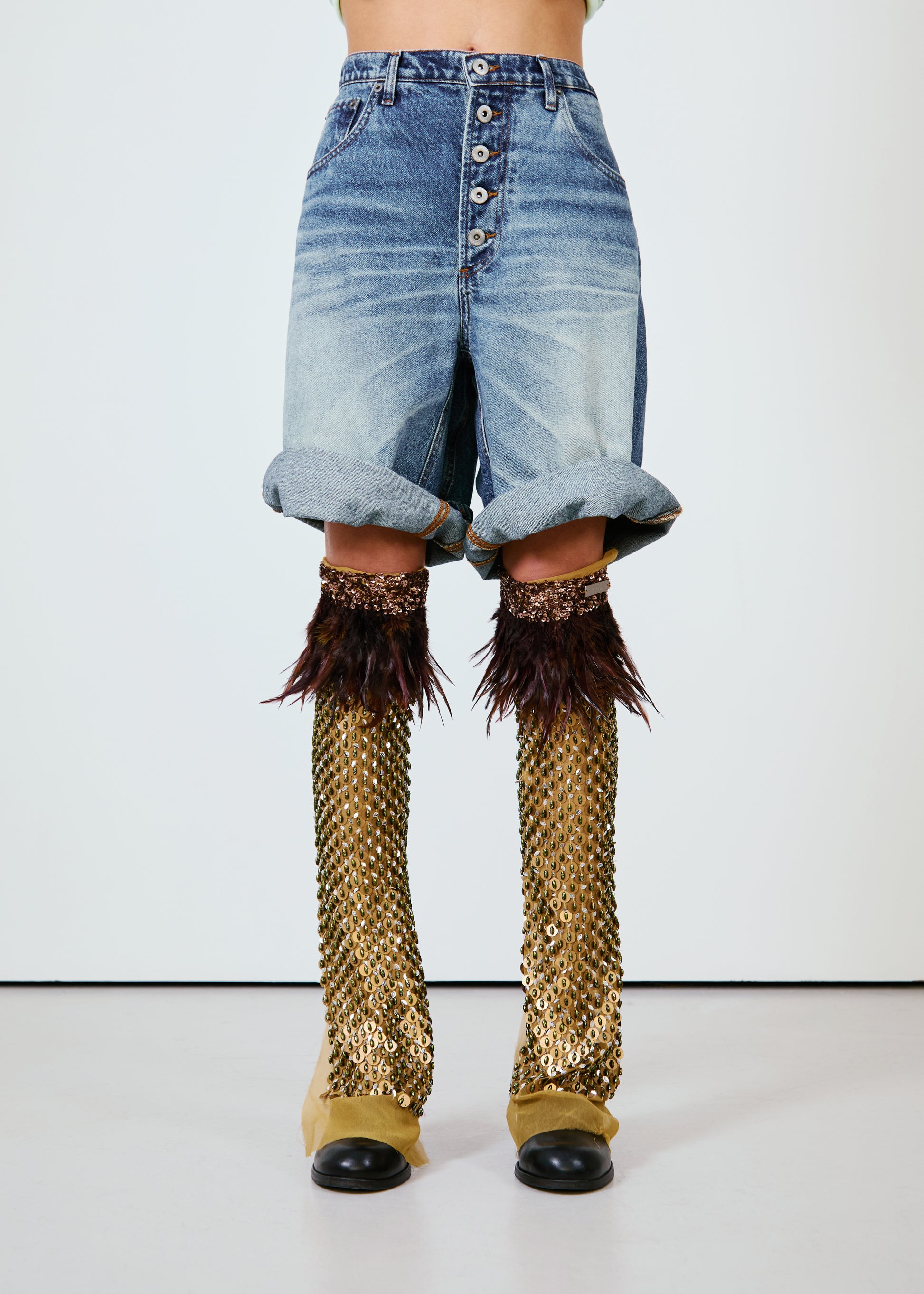 Hand Embroidered Sequin Feather Leg Warmers